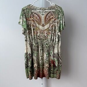 Y2K One World 2X Green Top Studded Flutter Sleeve Forrest fairy Babydoll 90s